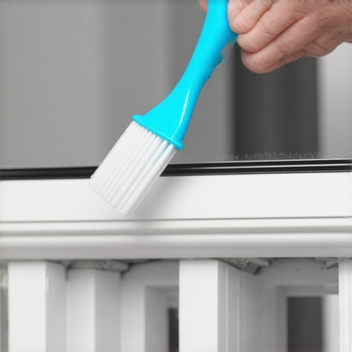 Person scrubbing window track with baking soda paste and a toothbrush