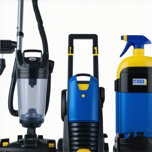 Array of house cleaning equipment arranged neatly, showcasing vacuum, steam cleaner, and upholstery accessories