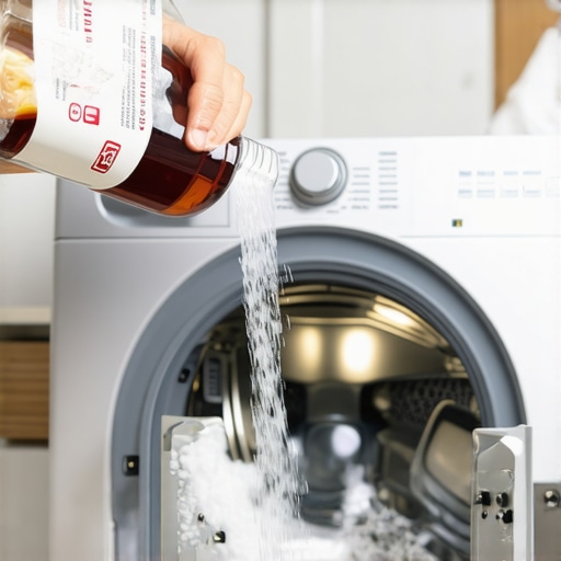Person pouring vinegar and baking soda into the washing machine for natural cleaning