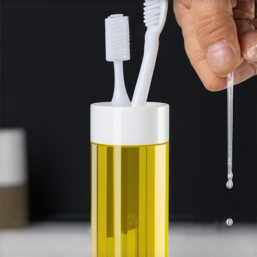 Person soaking and scrubbing a toothbrush holder with vinegar and brushes