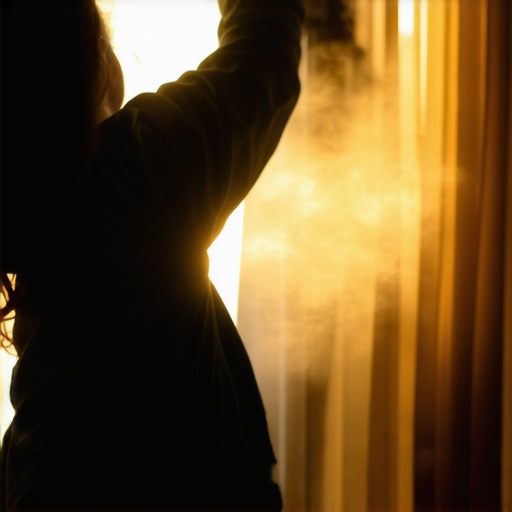 Person steaming curtains in living room with sunlight