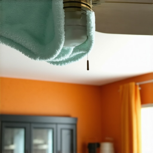 Person using microfiber cloth to dust ceiling fan in bedroom