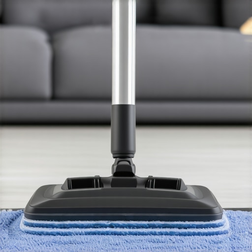 Effective Home Cleaning Tools Microfiber steam mop, vacuum, and cleaning cloths on a clean surface
