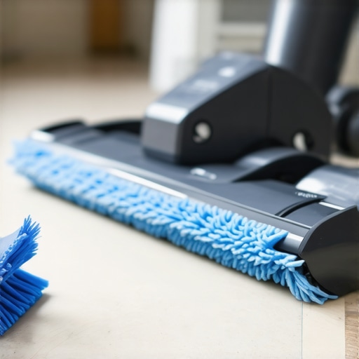 Microfiber cleaning pads, vacuum cleaner, and steam cleaner on a clean countertop