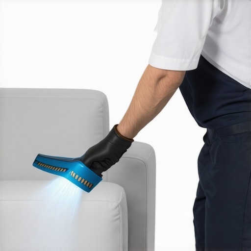 Professional disinfecting upholstery with advanced cleaning tools.