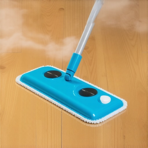 A modern microfiber steam mop cleaning a wooden floor for deep sanitation.