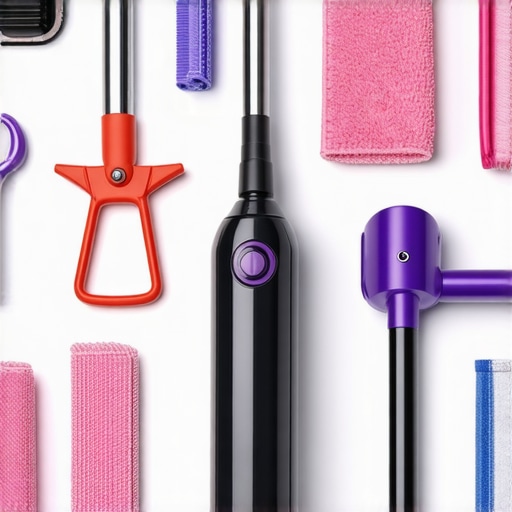 A selection of microfiber cloths, vacuum cleaner, steam mop, and brushes ready for cleaning.