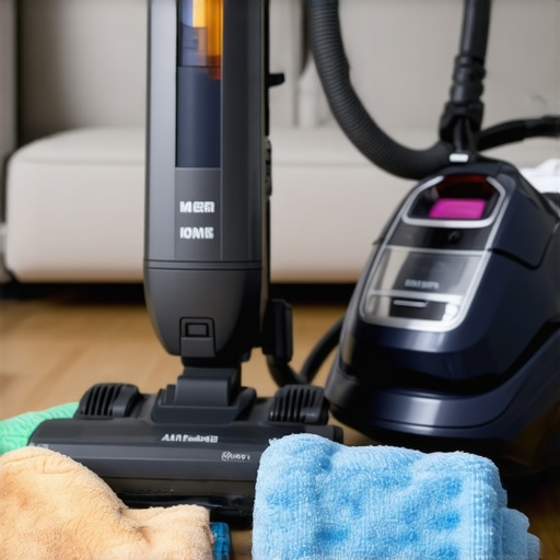 Essential Home Cleaning Equipment A collection of advanced vacuum cleaner, microfiber cloths, and a steam cleaner ready for use in a modern living room.