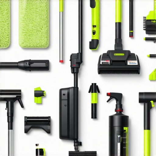 Essential House Cleaning Tools Organized cleaning tools including microfiber mop, steam cleaner, vacuum, and disinfectant bottles.
