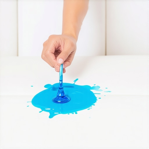 Person carefully blotting blue dye stain on white leather furniture using a cloth