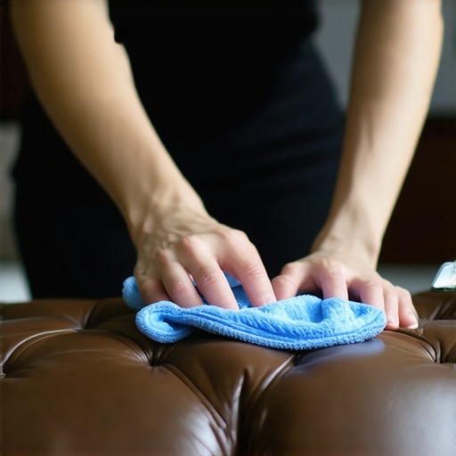 Person cleaning a leather sofa with microfiber cloth