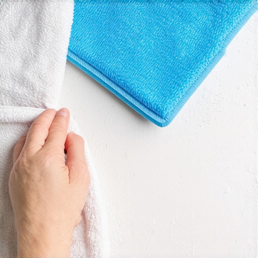Hand cleaning vinyl floor with microfiber cloth and mild cleaner.