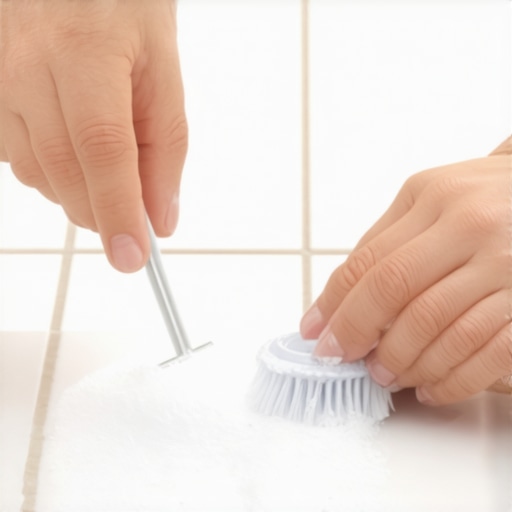 Person scrubbing tiled grout with baking soda and vinegar mixture in a bathroom.