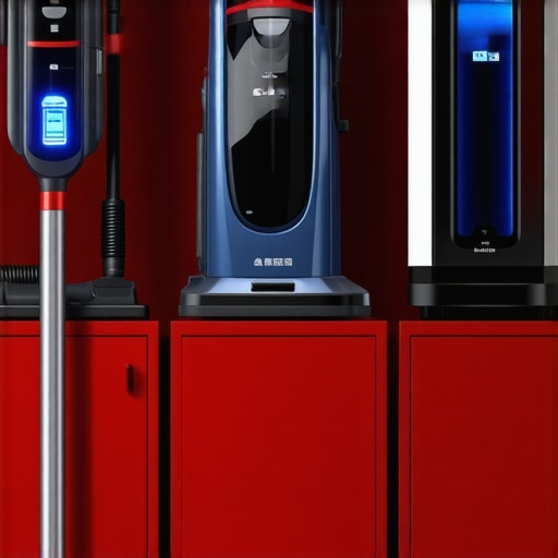 Home Cleaning Equipment Setup A collection of professional home cleaning tools including a vacuum, steam cleaner, and UV-C sanitizer on a clean cabinet.