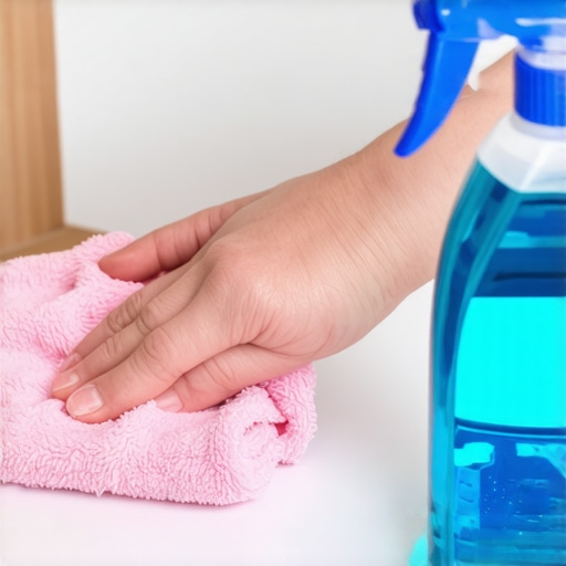 Person cleaning kitchen countertop with cloth and spray