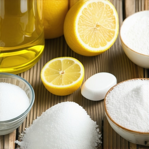 Natural Cleaning Ingredients Setup Vinegar, lemon, and baking soda arranged for home sanitizing