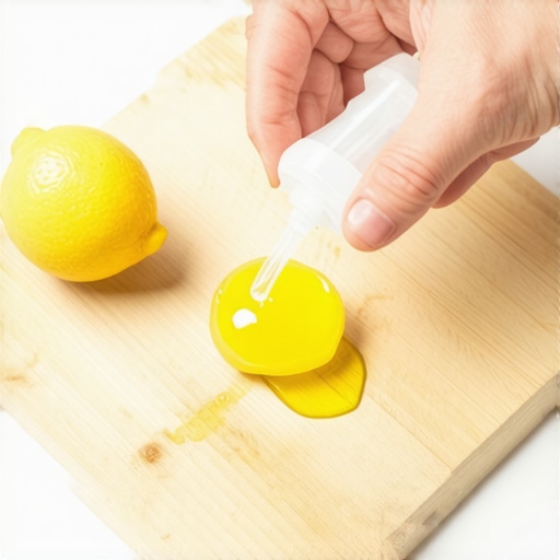 Person disinfecting a wooden cutting board with vinegar and lemon spray