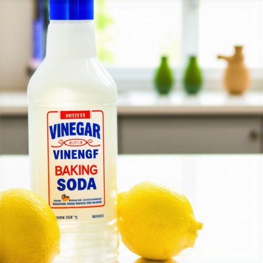 Assortment of vinegar, baking soda, and lemon for natural cleaning on a bright kitchen counter