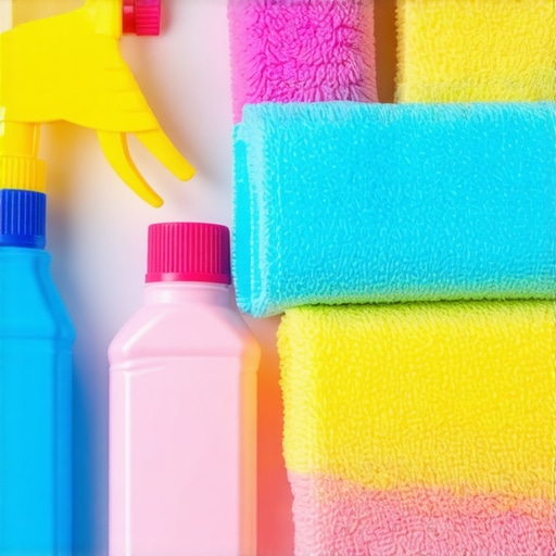Cleaning supplies and microfiber cloths arranged for house cleaning.