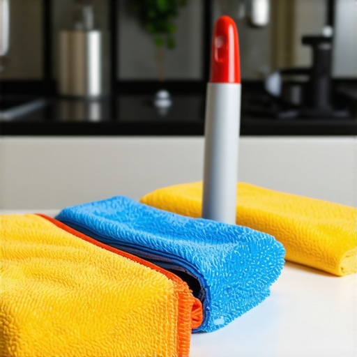 A display of microfiber cloths and a steam cleaner in a clean kitchen environment