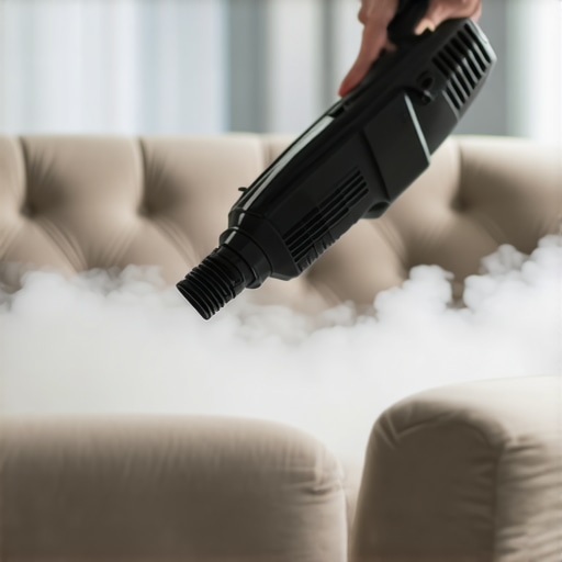 Professional Upholstery Steamer in Use Steam cleaning machine effectively cleaning a velvet sofa surface
