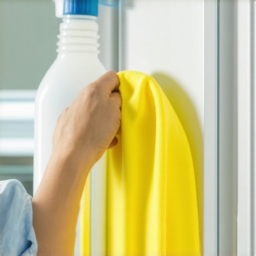Professional cleaning of fridge interior Person wiping inside of a fridge with a microfiber cloth and sanitizer.