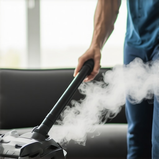 Professional upholstery cleaning with steam tools A person using a steam cleaner on a velvet sofa to restore its plush texture.