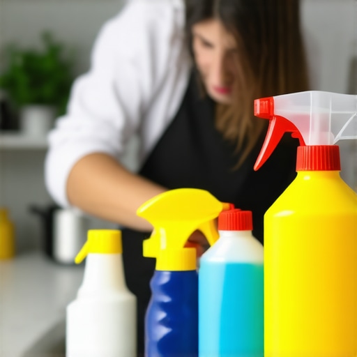 Proper Home Sanitizing Techniques Homeowner applying eco-friendly cleaning spray to countertop with microfiber cloth.