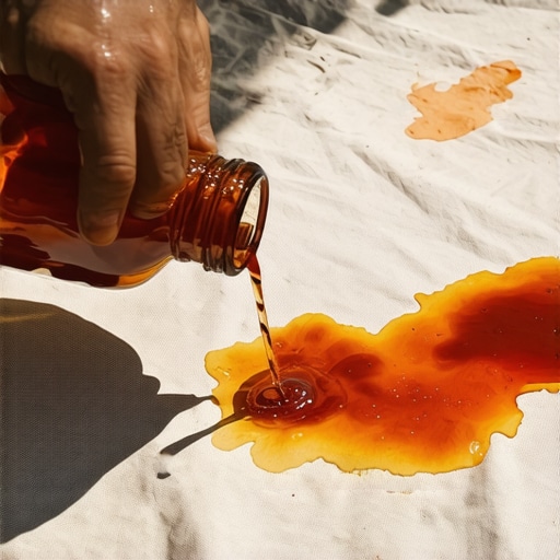 Person applying cold water to blood stain on linen fabric outdoors.