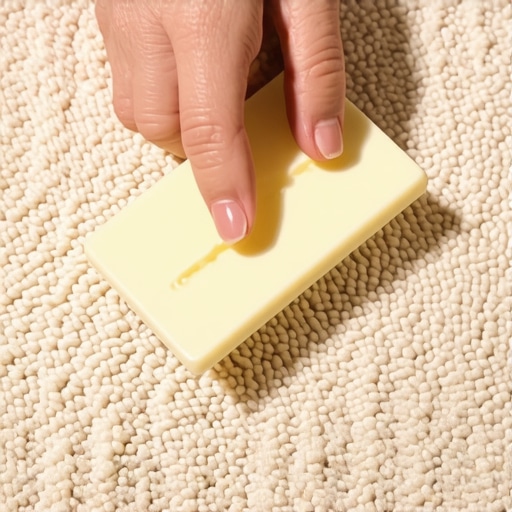 Hand using a plastic scraper to lift candle wax from a soft carpet, demonstrating gentle removal techniques.