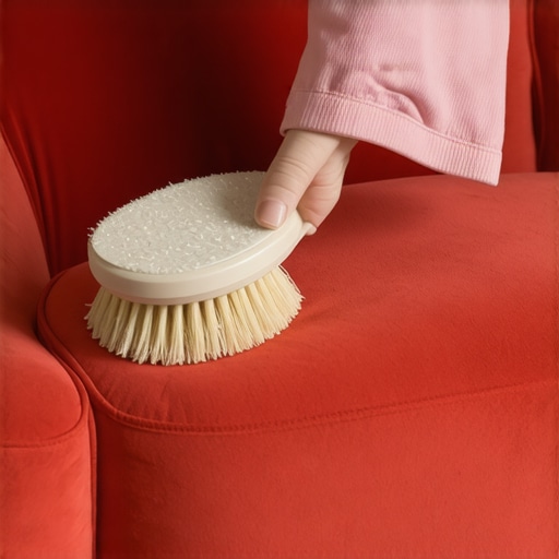 Hand brushing a plush velvet sofa with a soft upholstery brush.