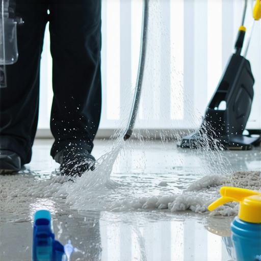 Person rinsing carpet with water and cleaning supplies nearby.