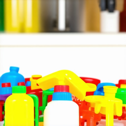 Children's plastic toys being sanitized with vinegar spray and baking soda brush in a sunny kitchen