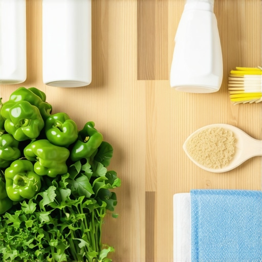 A clean, organized kitchen counter with cleaning supplies and fresh produce being scrubbed.