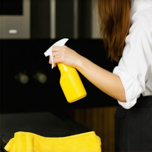 Sanitizing Kitchen Surface Professional cleaning a kitchen countertop with disinfectant spray and cloth.
