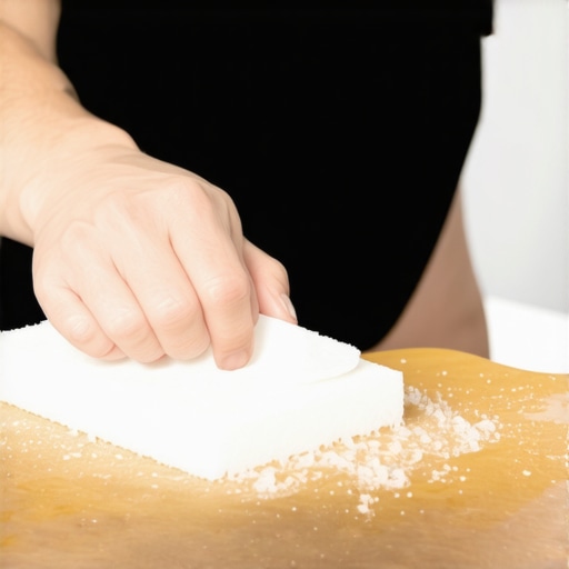 A person disinfecting a wooden cutting board with bleach solution and a scrub sponge in a modern kitchen.