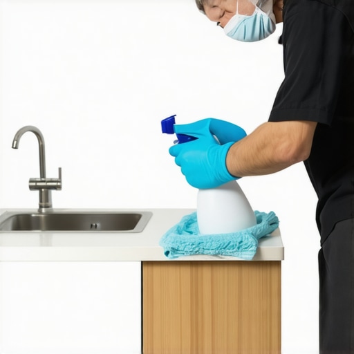 Sanitizing a kitchen surface with spray and cloth Cleaner disinfecting kitchen countertop with spray bottle and cloth