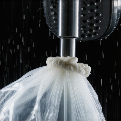 Shower head submerged in vinegar-filled plastic bag secured with a rubber band to remove mineral buildup