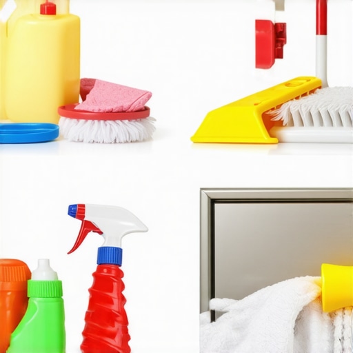 Thorough Cleaning in Progress for Move-Out Inspection Person cleaning kitchen and bathroom surfaces with brushes and cleaning supplies