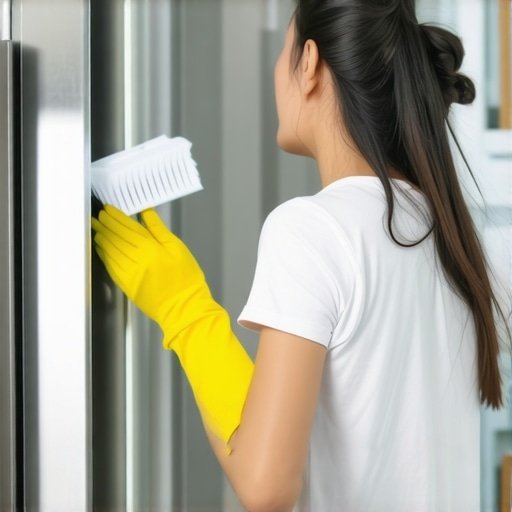 Thorough behind-the-appliance cleaning Person cleaning behind refrigerator in kitchen
