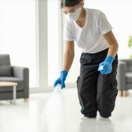 Thorough home disinfection process Person disinfecting high-touch surfaces in a clean, organized home