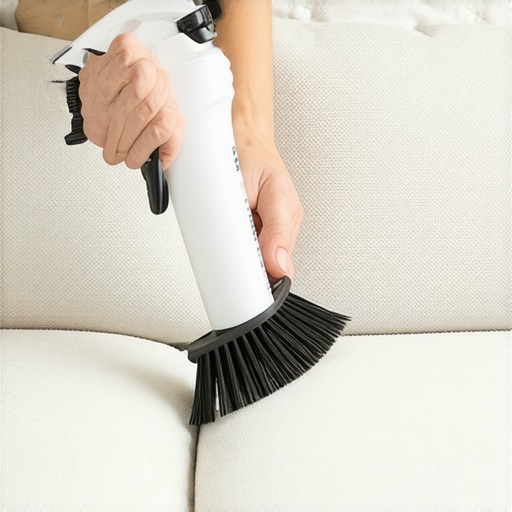 Person cleaning fabric sofa with brush and spray