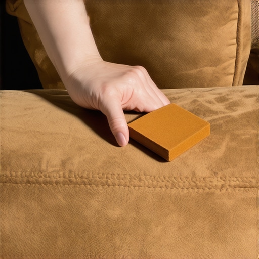 A hand gently erasing a coffee stain from suede furniture with a suede eraser