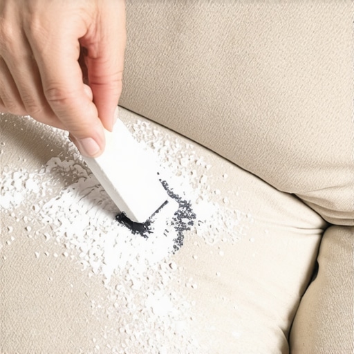 Applying Chalk to Upholstery Grease Stain A person using white chalk to absorb an oil stain on a beige fabric couch.