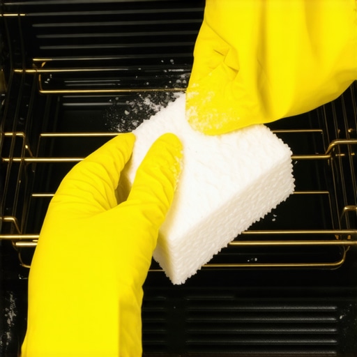 Applying baking soda paste to a dirty oven Hands in yellow gloves spreading white cleaning paste inside a stained oven