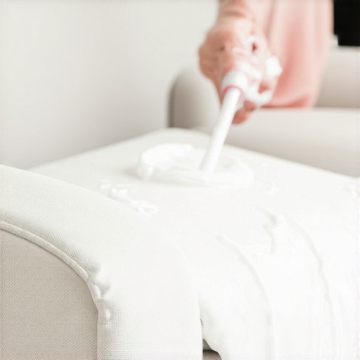 Applying shaving foam to upholstery stain Close-up of cleaning a fabric sofa with shaving foam and a microfiber cloth.