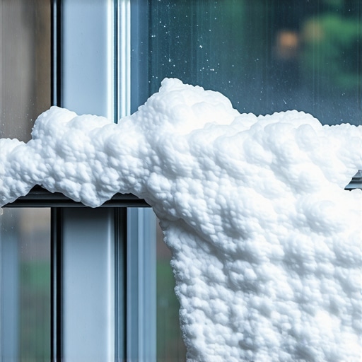 Close-up of white foam from baking soda and vinegar cleaning a dirty window track.