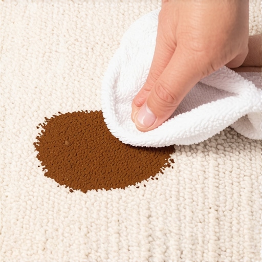 Blotting coffee stain on a cream rug A person carefully blotting a coffee spot on a light-colored rug with a white cloth to prevent staining.