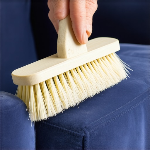 Brushing pet hair off a suede armchair Close-up of a rubber brush lifting dog hair from navy blue suede upholstery