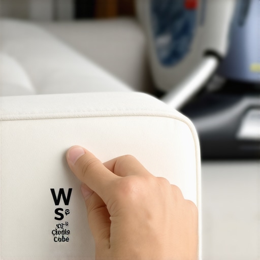 A hand pointing at a furniture care label to check if steam cleaning is safe.